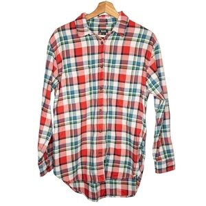 Roots Womens Size Small Plaid Flannel Button Down Shirt Red Green Classic Cabin